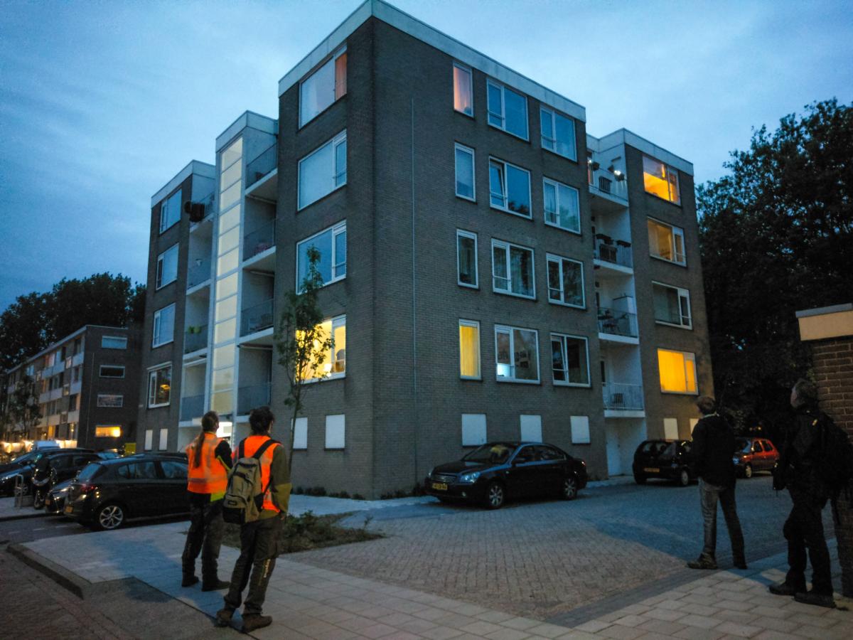 Vleermuisonderzoekers wachten op uitvliegende vleermuizen