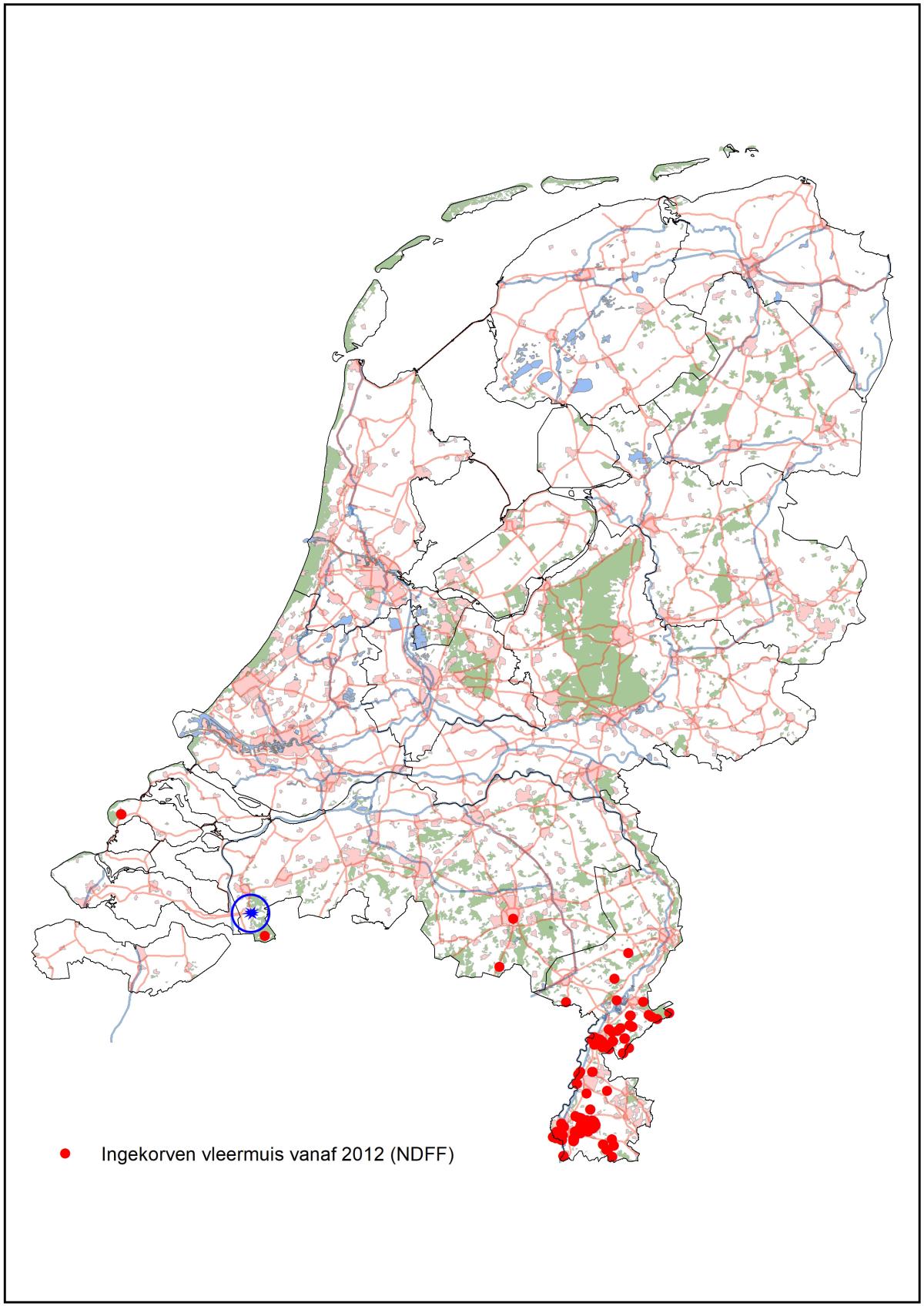 Overzichtskaart van waarnemingen die bekend zijn bij NDFF vanaf 2012. De blauwe cirkel geeft de omgeving van Woensdrecht weer.