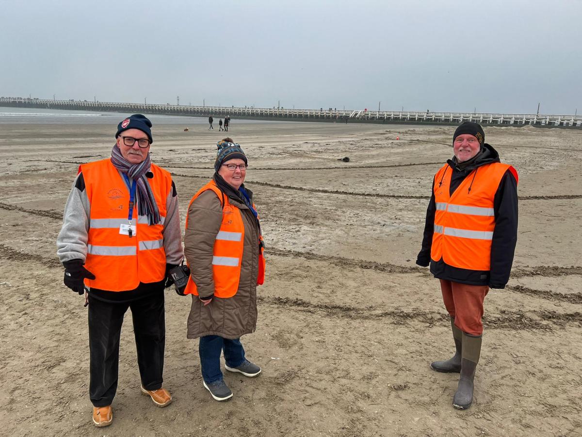 Vrijwilligers van het NorthSealTeam zijn herkenbaar aan hun fluoriserende hesjes en waken dag en nacht bij de rustende zeehonden (Bron: NorthSealTeam)