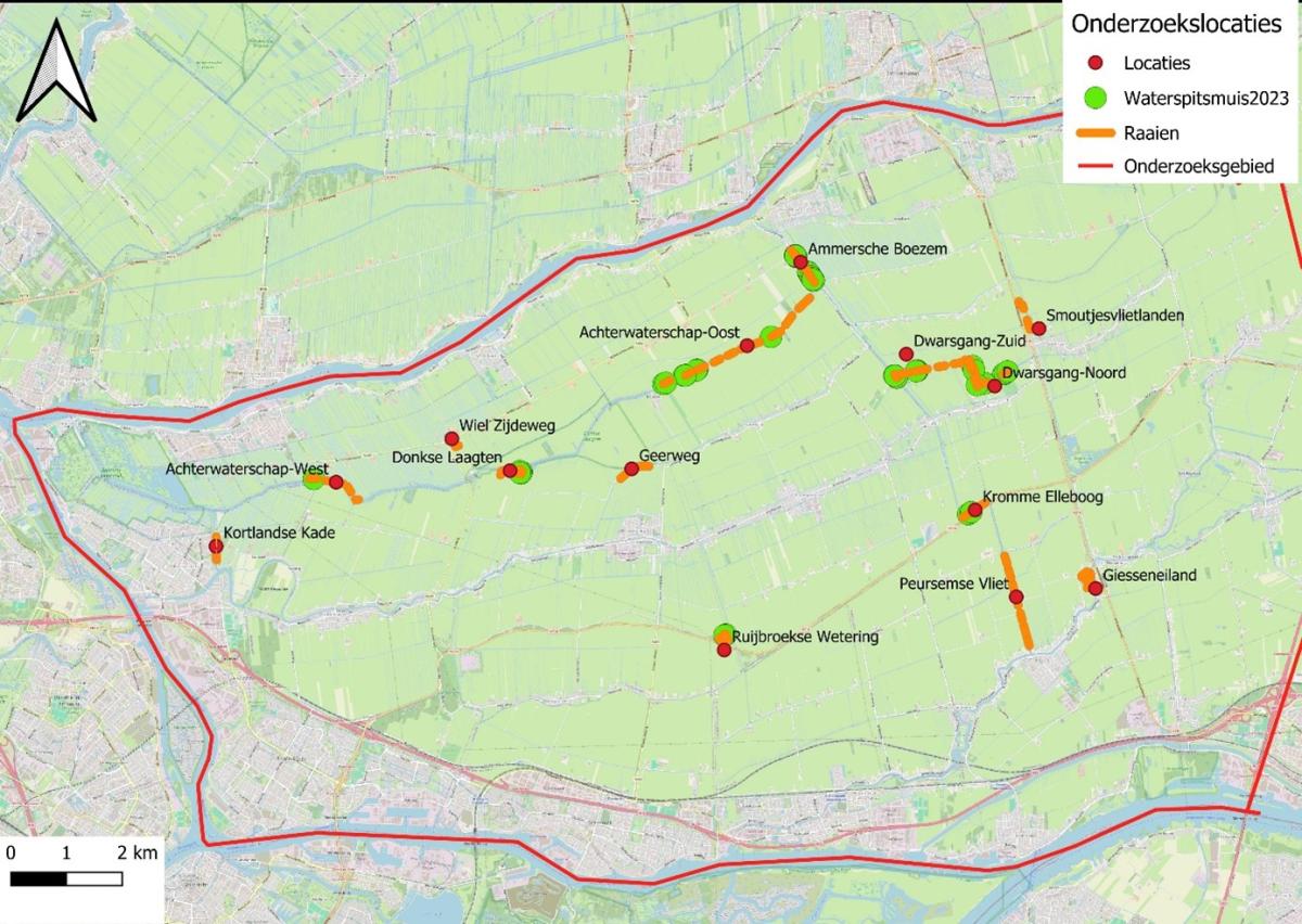 Overzicht van onderzoekslocaties en vangsten van waterspitsmuizen