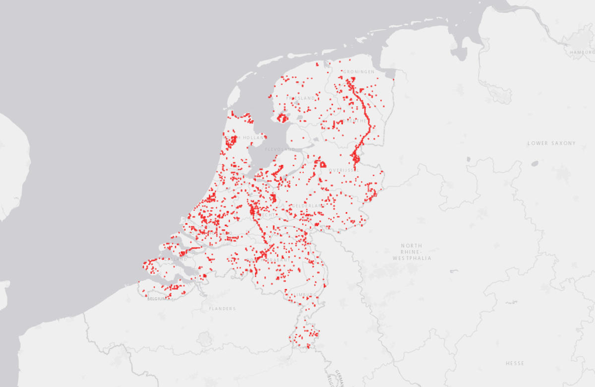 Verspreidingskaart van waarnemingen van mollen(sporen) die bij Waarneming.nl zijn doorgegeven tijdens de Mollentelling van 6 tot en met 8 februari (bron: Waarneming.nl)