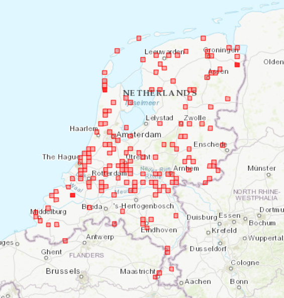 Overzicht van egelwaarnemingen die tijdens de Egeltelling zijn doorgegeven via Waarneming.nl, op 5 bij 5 kilometerhok (bron: Waarneming.nl)